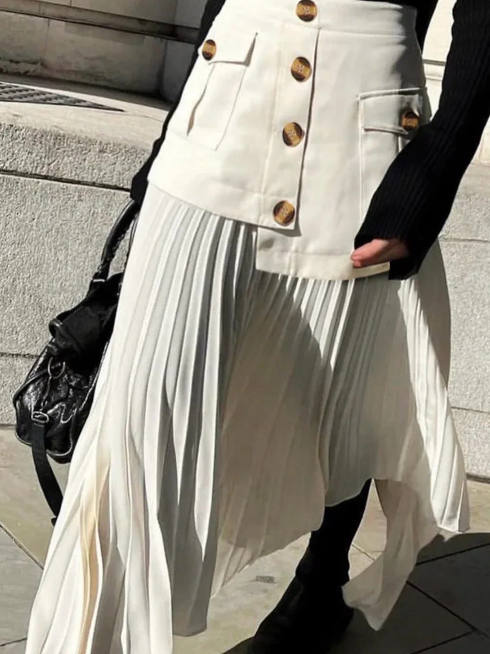 Commense Cream Pleated Maxi Skirt with Buttoned Panel - Picture 6 of 6